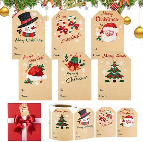 NAROSEBE 250 Stück Weihnachtsaufkleber Selbstklebend Kraftpapier Aufkleber Weihnachten 7.5x5CM Kraftpapier Etiketten Groß Klebeetiketten Weihnachten Geschenkaufkleber für Umschlag Geschenktüten
