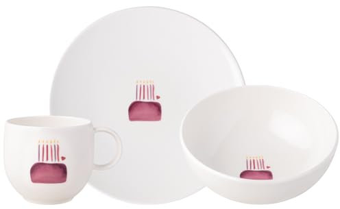 Villeroy & Boch With Love Frühstücks-Set Happy Birthday 3-teilig | Frühstücksteller (21 cm), Müslischale (17 cm) und Henkelbecher (290 ml) | Geschirr mit Geburtstags-Motiv | Premium Porzellan | Bunt