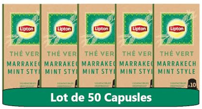 Lipton Thé Vert Marrakech Mint, 50 Capsules Compatibles Nespresso, Antioxydant et Parfumé, Menthe Fraîche et Délicate, Label Rainforest Alliance, 5x10 Capsules