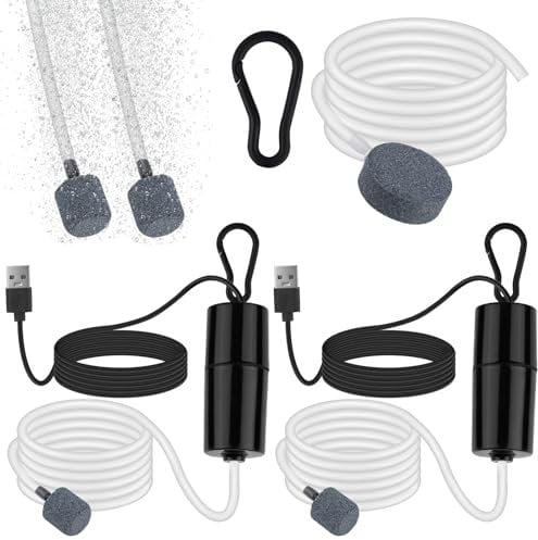 2 Pack Aquarium Air Pump, Silent Portable USB Mini Air Pump with Air Stone, 1W Fish Tank Filter Pump, Energy Saving High Efficiency Oxygen Pump