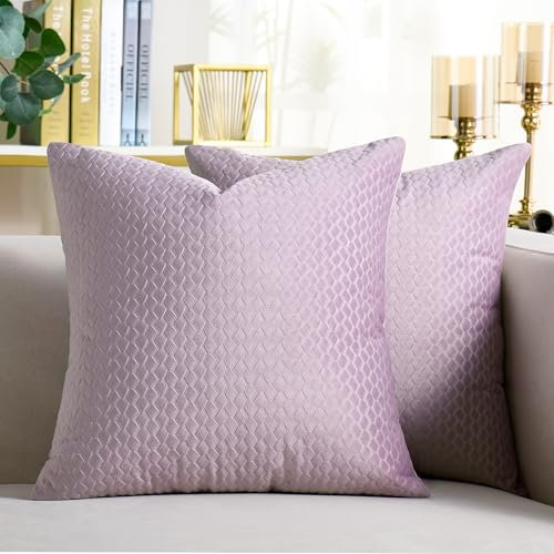 Cheekywares Sofakissen 50 x 50 cm Kissenbezug Samt mit Weizenähren Textur Kissenhülle Lila Herbst Winter Weihnachten Modern Dekokissen für Sofa Wohnzimmer Schlafzimmer Couch 2er Set