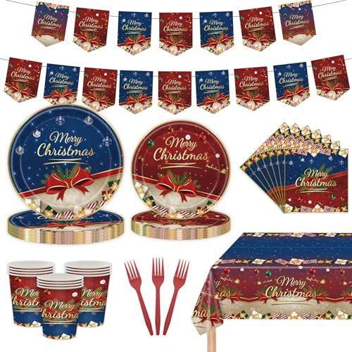 Mainiusi Partygeschirr Weihnachten Deko 86er, 16 Gäste Weihnachten Teller Set, Weihnachtstischdecke Party Geschirr, Weihnachten Dekoration Banner, Tischdecke, Pappteller, Servietten, Pappbecher (Blau)