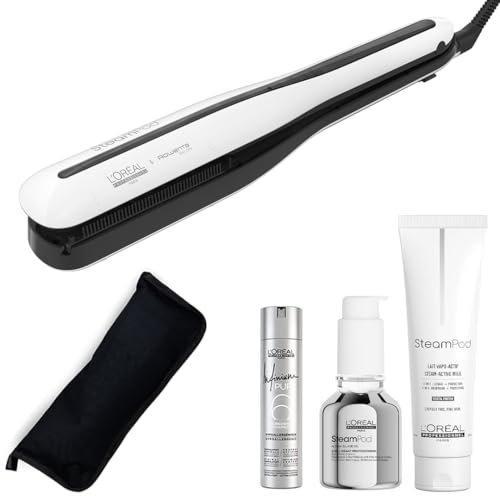 L'oréal Professionnel - Fer A Lisser Lisseur Steampod 3 - Pack Cheveux fins - Lait de lissage et Sérum steampod + Laque Pure 6 + Trousse de rangement