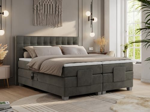 MKS MEBLE Boxspringbett 200x200 elektrisch verstellbar 7-Zonen Taschenfederkern Matratze inkl Visco Topper Bett 200x200 mit Motor Polsterbett Motorbett - Elektro - Dunkelgrau Velvet - H3