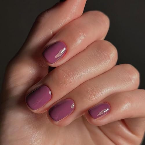 SXVME Plum Press on Nails Short Square Acrylic Short False Nails Coffin Natural Acrylic Fake Nails Set Elegant Solid Color Full Cover Glossy Gel Stick on Nail for Women Daily Wear 24 Pcs