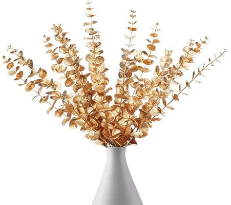Rixotix Eukalyptus Deko künstlich Zweig Deko Gold, 10 Stöcke Artificial Flowers Eukalyptusblätter Benutzt Für Hochzeitsfeiern Party Home Tischdeko Blumenarrangement