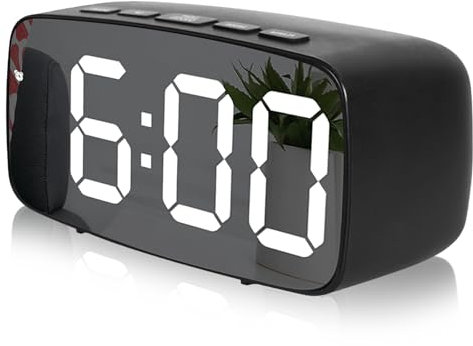 Digital Alarm Clock Mirror LED Bedside Clock with Temperature & Date, Snooze, Adjustable Brightness, Voice Control Night Mode Bedside USB/Battery Powered Alarm Clocks for Bedroom, Office (Black)