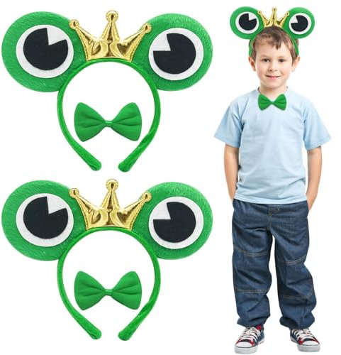 TUONYIS 2 Stücke Frosch haarreif mit Fliege, Frosch Tierhaarreifen Frosch Haarbänder mit Krone, Frosch König Haarreifen, mit Froschaugen, für Karneval Kostümparty,Halloween,Fasching Kopfschmuck (Grün)