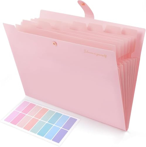 SKYDUE Dokumentenmappe A4, Mappe Mit 8 Fächern, Fächermappe A4 Mit Etiketten, Tragbar Ordnungsmappe Mappen Ordnersystem, Document Folder Für Zuhause, Büro, Schule Und Auf Reisen (Zartrosa)