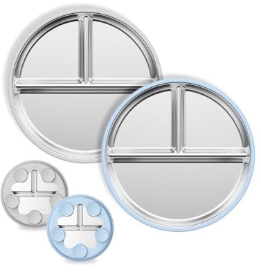 lomonmen 2 Piezas Plato Bebe Ventosa,Plato Silicona Bebe,Platos de Silicona para Niños,Bandeja de Comedor para Niños de Acero Inoxidable (Azul + gris)