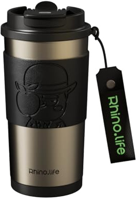 RhinoLife Coffee Travel Mug with Straw & Flip Lid, Insulated Tumbler Cup with Ceramic Coating, Double Wall Vacuum Leak-Proof Thermos Mug for Office School Party & Camping (Silver+Black)