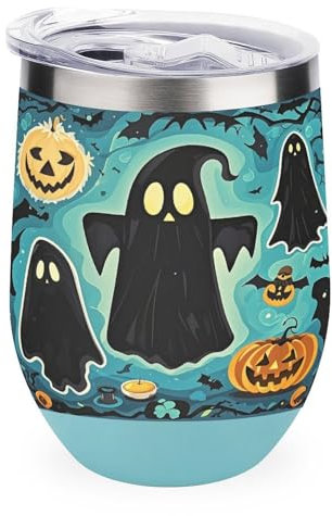 JTREWBV Verre à vin isotherme en acier inoxydable avec couvercle, motif fantôme noir, tasse de voyage isotherme pour garder le café et les boissons froides et chaudes