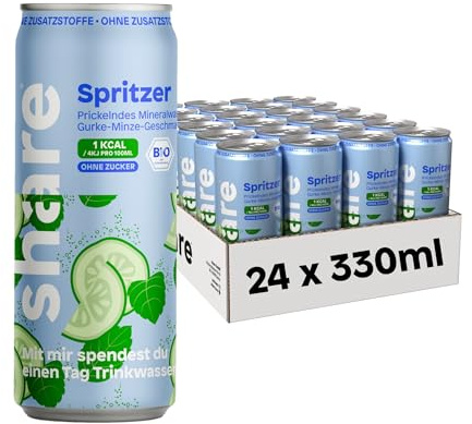 share Bio Spritzer Gurke Minze - Wasser mit Geschmack (24x330ml) | Ohne Zucker, 1 kcal pro 100 ml, Spritzig fruchtig – Bio-Mineralwasser ohne Zusatzstoffe – Jeder Kauf spendet