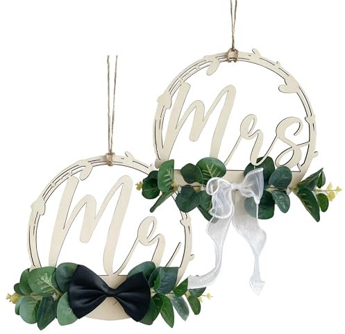 2 Stk Stuhlschilder Mr & MRS Hochzeit Stuhl Banner Schild Zeichen Holz Hochzeit Stuhl mit Efeublätter deko Hochzeit Verlobungsfeier Braut und Bräutigam Hochzeit Stuhl Deko Schild