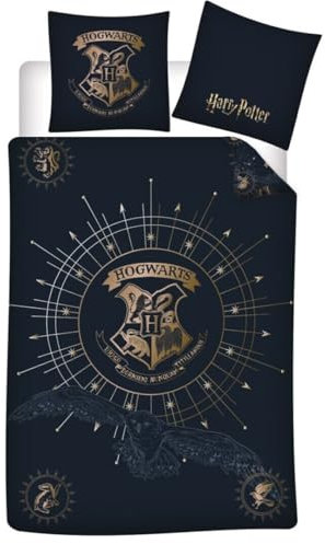 Harry Potter Bettwäsche Set Kinder 135x200 cm mit Hogwarts-Wappen – Kissenbezug 65x65 cm – Schwarz-Gold – Baumwoll-Mischgewebe – atmungsaktiv & pflegeleicht – magisches Design für Fans