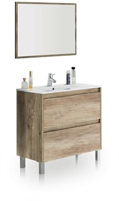 duehome | Mueble de Baño con 2 Cajones y Espejo, Modelo Thai, Acabado en Nordik, Medidas: 80 cm (Ancho) x 80 cm (Alto) x 45 cm (Fondo)