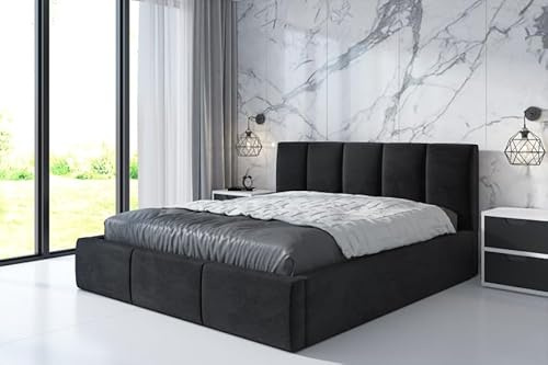 A&J MöbelLand Polsterbett 160x200 mit Bettkasten und Lattenrost – KENET, Bett mit Matratze und Stauraum in Schwarz