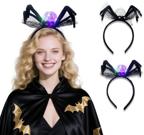 2 Pcs Serre Tete Halloween Femme Araignée LED, Accessoire Cheveux Halloween Lumineux, pour le Jour des Morts, Carnaval, 19 x 19 cm
