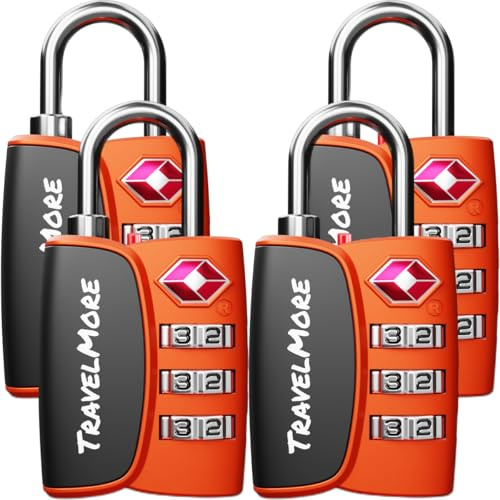 TravelMore TSA Approved Luggage Locks, Suitcase Padlocks with Combination | Travel Lock with Inspection Indicator, Durable Zinc Alloy Body, Easy to Use, for Suitcases, Backpacks, Bags, 4-Pack, Orange