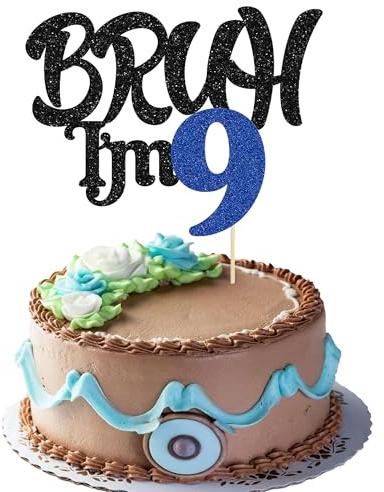 Ephlyn Tortenaufsatz Bruh I'm 9, glitzernd, Happy 9th Birthday, Kuchendekoration für Cheers bis 9 Jahre, Party-Dekoration, Schwarz / Blau, 1 Stück