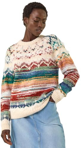 Roman Fairisle Jumper for Women UK Ladies Stretchy Winter Autumn Sweater Casual Knit Knitwear Knitted Pullover Comfy Soft Thick Lightweight Dinner Party Office Work - Fairisle Ivory - Size 14