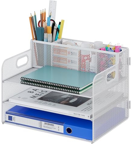 EasyPAG 3 Niveles Metal Malla A4 Bandeja Archivo,Organizador Papel,Clasificador Escritorio,Soporte Archivador,Almacenamiento Documentos,Estante Carta para Oficina y Hogar,Blanco