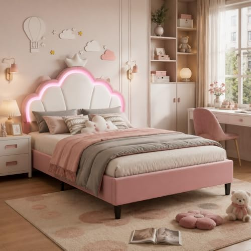 OLIVIBED Polsterbett 140x200cm für Mädchen, Kinderbett Bettgestell mit Verstellbares Crown-Kopfteil und Lattenrost, Prinzessin Bett, Doppelbett für Kinder, Jugendliche, Ohne Matratze, Rose