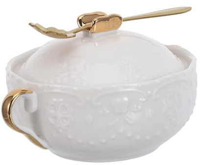 TOYZFRIENDY Cuenco de Cerámica con Doble Asa, Tapa y Cuchara para Postre | Blanco, Relieve Avanzado, Uso en Restaurantes y Reuniones Familiares, Formato Pequeño de Servir