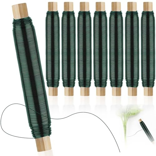8 Rollen Blumendraht Verzinkt Grün, Stärke 0,7mm x 35 m Garten Bindedraht, Wickeldraht von Blumen & Pflanzen, Floristendraht auf Holzstab, Basteldraht für lose auf Holzwickel zur Befestigung