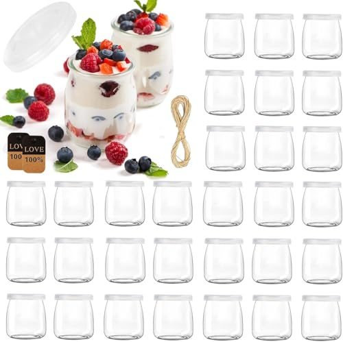 TOSUTO Tarros de Yogur Transparentes con Tapa de 200 ml (Pack de 30) - Tarros de yogur con tapa, para pudding-yogur, tarros de cristal para conservas de tulipanes, mermeladas, jaleas, miel, postres