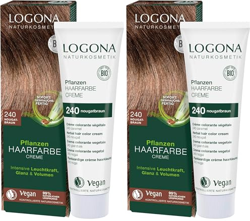 LOGONA Naturkosmetik Pflanzen-Haarfarbe Creme 240 Nougatbraun, Braune Natur-Haarfarbe mit Henna, Braunton Farbcreme, Coloration für dunkles Haar, 150ml (Packung mit 2)