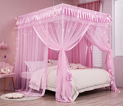 Mengersi Rideaux de lit Queen Size - Ciel de lit pour Filles - Princesse - Moustiquaire - Décoration de Chambre à Coucher - Rose