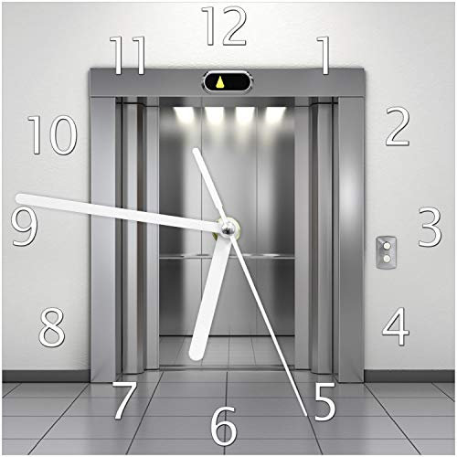 Wallario Design-Wanduhr Fahrstuhl aus Glas, Motiv-Uhr Größe 20 x 20 cm, weiße Zeiger
