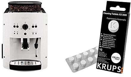 Krups EA810570 Cafetera automática 15 bares de presión, 1450 V, 1.6 L, acero inoxidable + Espresseria Automatic Pastillas limpiadoras para maquinas de café, Blanco