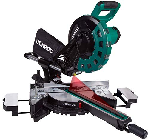 VONROC Troncatrice radiale 2200W, Ø 254mm, laser e LED integrati. Include lama con 60 denti e 2 estensioni da tavolo