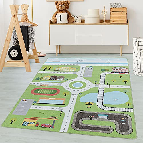 Carpetsale24 Kinderteppich Straßenteppich Lernen und Spielen Grün 140 x 200 cm - Kurzflor Teppich Kinderzimmer für Jungen und Mädchen Pflegeleicht - Waschbar Spielteppich Babyzimmer Babyteppich