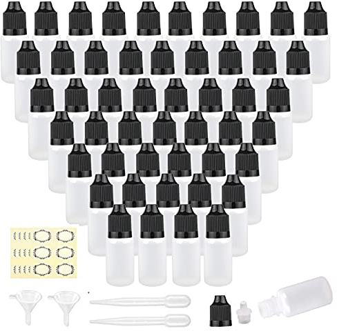 Yalbdopo 50Pcs, 10Ml Empty Plastic Dropper Bottles Portable White Squeezable Bottles With Black Cap Eye Liquid Dropping Refillable Sample Containers (Includes 54 Labels/2 Funnels/2 Droppers)