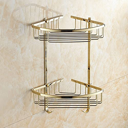 Duschablage Ecke Aufbewahrung Shampoo 2 Schicht Duschkörbe Messing Eckregal Dusche mit Haken Badezimmer Zubehör Bohren Duscheckregal Wand Duschhalterung Eckbadregal, Gold