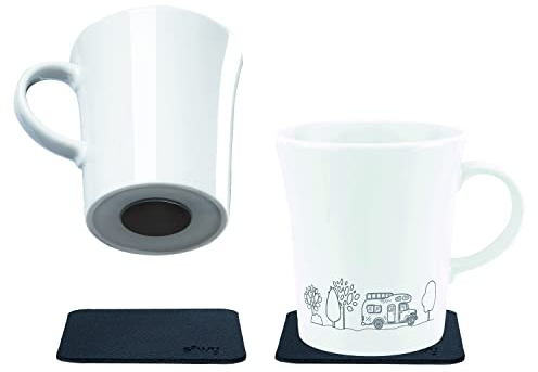 Silwy® - Tazas magnéticas de porcelana con asa (2 unidades), incluye dos nano almohadillas de gel de metal, color negro, antideslizantes, para camping y caravanas, accesorios para barcos y yates
