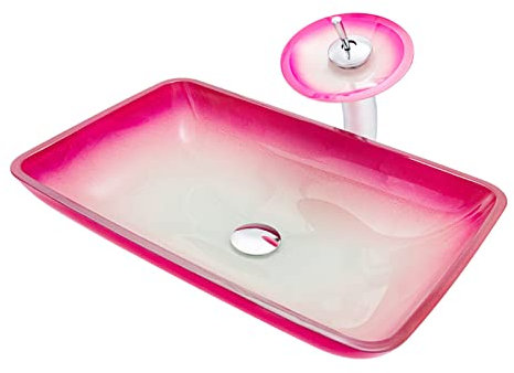 Ksunun Waschbecken Gehärtetes Glas Aufsatzwaschbecken Rechteck Rosa Design Handwaschbecken mit Messing Wasserfall Wasserhahn und Wasserablauf, Aufsatz Waschschale für Bad