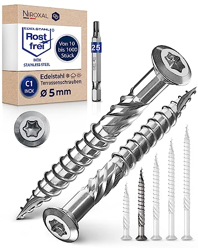 250 tornillos de terraza de 5 x 50 mm de largo, perfectos para tablones de terraza de 20 mm, acero inoxidable endurecido C1, Torx 25, incluye 1 bit, tornillos para madera con rosca parcial plana
