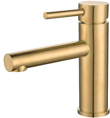 VALAZ Grifo Lavabo Dorado Cepillado Protección PVD | Grifo Monomando Lavabo, Mezclador Agua Fría y Caliente, Ahorro de Agua | Instalación Facil, Latón, Inoxidable, Oro Mate, Caño Recto, Serie Palancia