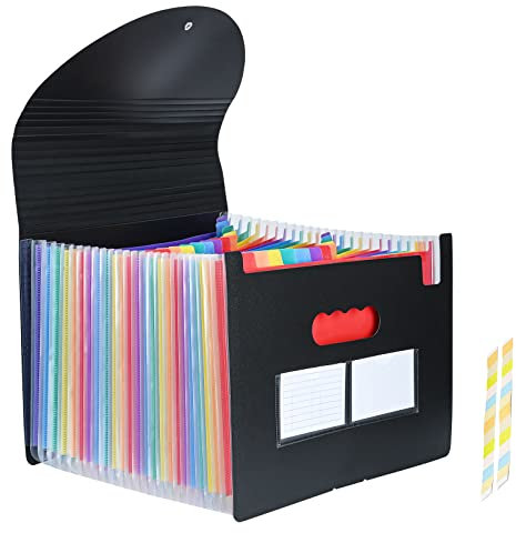 Expanding File Organisers, 24 Pockets Document Organiser,A4 Size Accordion Folder with Foldable Lid and Multi-Coloured Labels, Portable Paper and File Storage Box File for Home,Office and School Use