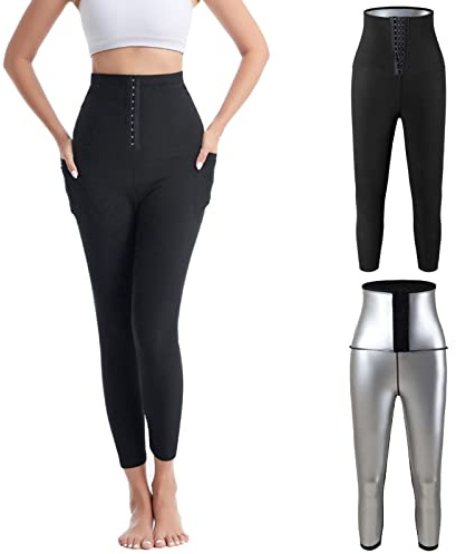 XIYAO Pantalon de Sudation Femme avec Poche Taille Haute Short Sudation Sport Pantalon Sauna Amincissante Legging Anti Cellulite Minceur pour Jogging Fitness Yoga Gym pour Perdre du Poids