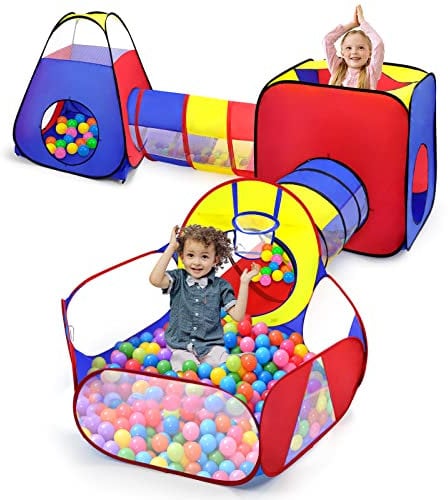 Opret 5 en 1 Pop Up Tente Tunnel Enfant, avec Piscine a Balle pour Bébé, Pliable Maison de Jeux Exterieur et Interieure pour Garçons Filles Cadeau de Noël d'anniversaire (sans balles)