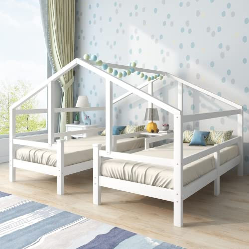 KEEPREAPER Hausbett Kinderbett 90x200cm mit 2 Einzelbetten, Jugendbett mit Rausfallschutz und Lattenrost, Weiß (Doppel)