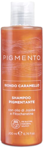 Pigmento, Shampoo pigmentante, Trattamento Ravviva il Colore con Olio di Jojoba e Fitocheratina, Colore Capelli Biondo Caramello, Deterge e Rende i Capelli Brillanti e Setosi, 200ml