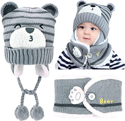 Anoudon Baby Winter Hut, 46-50 cm, Slip-On Hut mit Schal, Fleece Futter, Kinder Hut Set, Baby Hut, Neugeborene Ohrklappe, Baby Hut, Strickmütze, für Herbst, Winter, Unisex, 6-24 Monate