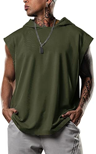 Mens Summer Tank Tops Hooded Gym Sleeveless Vest Plain Color Running Athletic Casual Shirt for Bodybuilding Workout Army Green XL