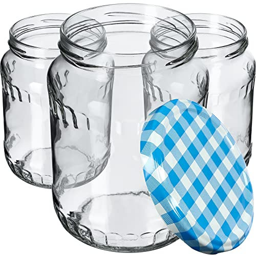 KADAX 64st Einmachgläser 720 ml, ideal zum Einkochen und Aufbewahren, Gläser mit Schraubverschluss, Einkochgläser mit Schraubdeckel, Twist Off to 82, Vorratsgläser zum Einlegen (Blau kariert)